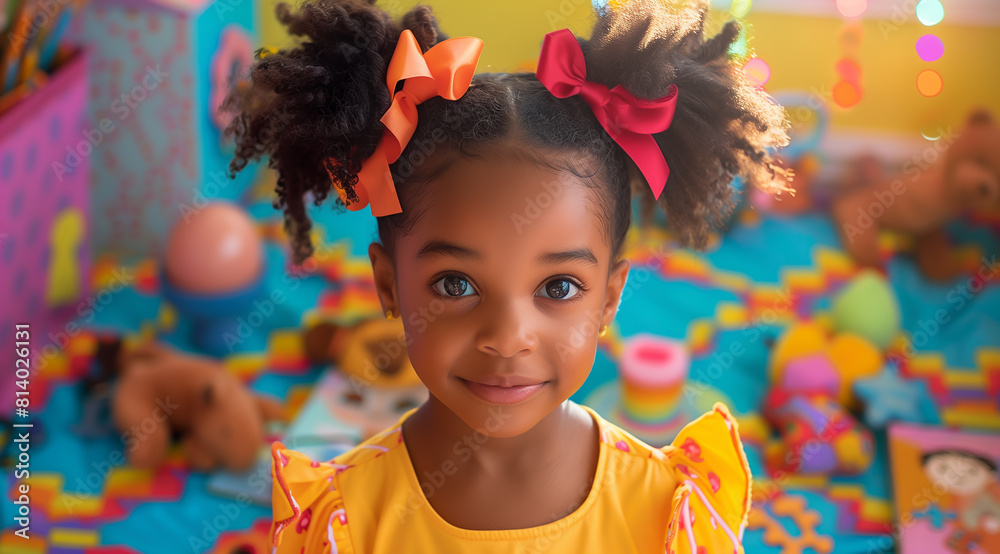 A black girl of five years old with two ponytails in a bright children's room full of children's toys.