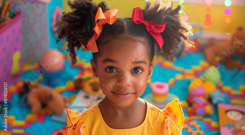 Obraz na płótnie A black girl of five years old with two ponytails in a bright children's room full of children's toys. w salonie