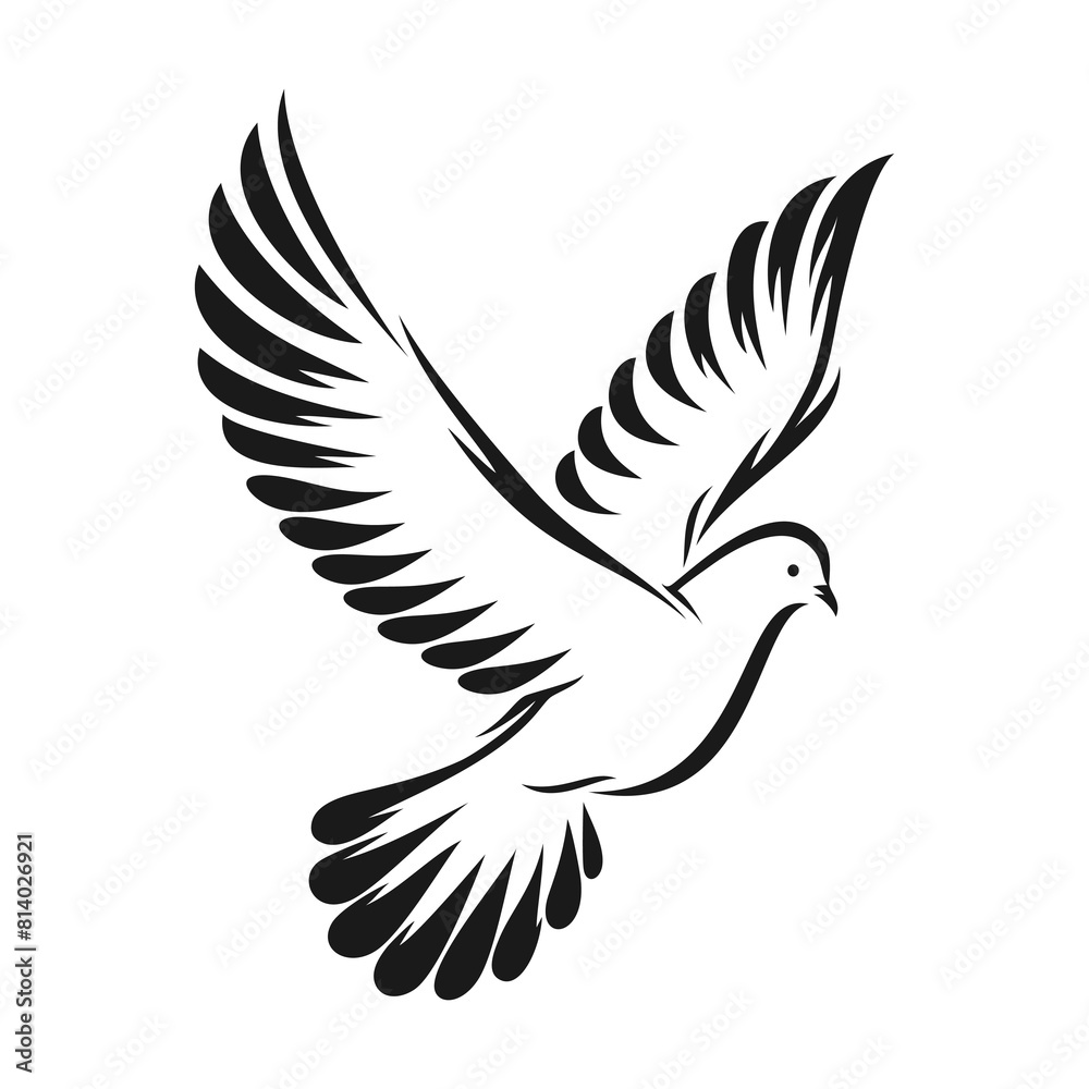 Fototapeta premium Black flying dove of peace isolated on white background, side view. Vector illustration