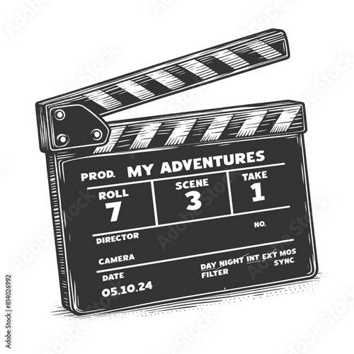 film clapperboard labeled My Adventures, indicating production details sketch engraving generative ai vector illustration. Scratch board imitation. Black and white image.