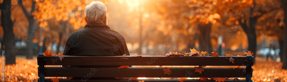 Obraz premium Senior man sitting on a park bench reflecting on life, peaceful autumn setting with fallen leaves and soft sunlight, symbolizing lifes later reflections