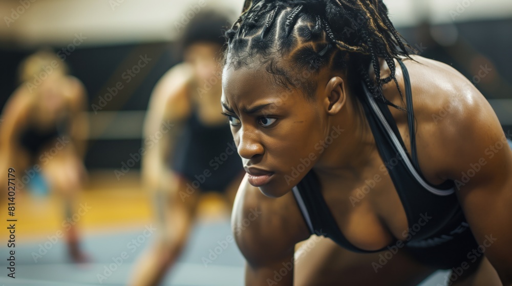 Black women practicing wrestling sport, person is focused and enjoying the sport, sports photography, generative ai Black women practicing wrestling sport, person is focused and enjoying the sport, sports photography, generative ai