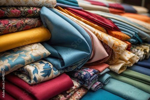 Rolls of multi-colored fabrics on the shelves, various patterns and materials. Shop for sewing and handicrafts. photo