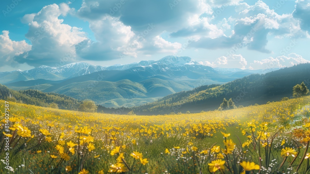 Panoramic banner with rapeseed yellow flower field in mountains, AI generative panorama hyper realistic 