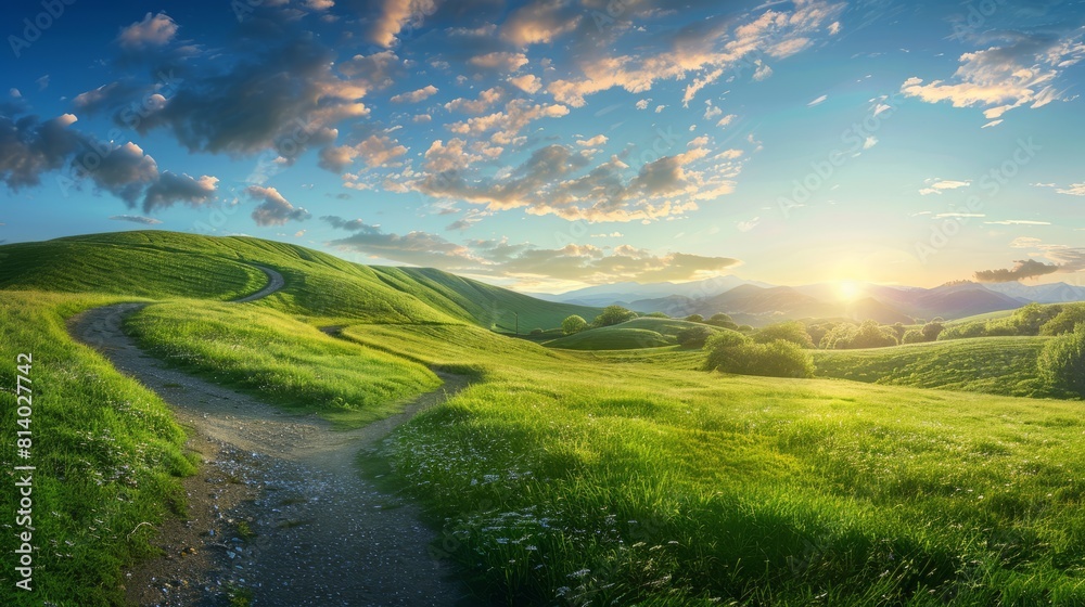 Picturesque winding path through a green grass field in hilly area in morning at dawn against blue sky with clouds. Natural panoramic spring summer landscape hyper realistic 