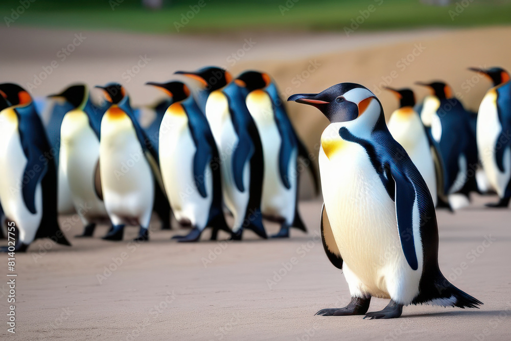 Fototapeta premium a line of King Penguins moving along a coastal area. Their poised figures stand out against the soft, blurred background