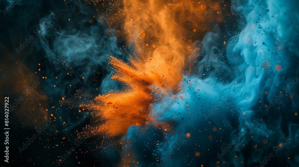 A mesmerizing and dynamic composition of abstract blue and orange color powder splattered on a sleek black background