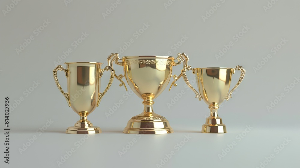 Three Gleaming Trophy Cups Shine Brightly Against a Pure White Canvas Three Gleaming Trophy Cups Shine Brightly Against a Pure White Canvas