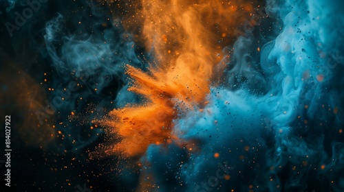 A mesmerizing and dynamic composition of abstract blue and orange color powder splattered on a sleek black background © Muhammad