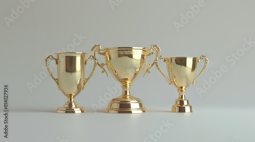 Three Gleaming Trophy Cups Shine Brightly Against a Pure White Canvas