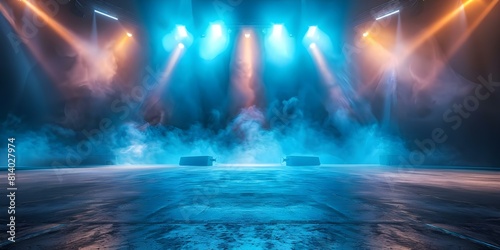 Dark stage with blue background empty scene neon spotlights concrete floor. Concept Neon Lights  Empty Stage  Dark Aesthetic
