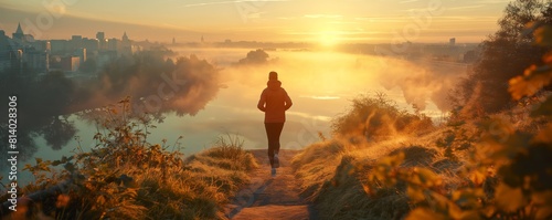 Solitary jogger on a path with city sunrise