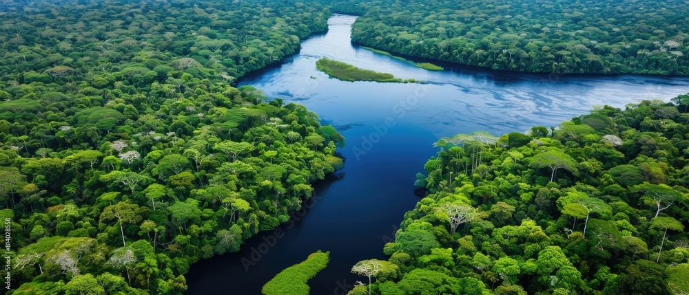 Obraz premium Aerial view of a winding river through a lush green forest