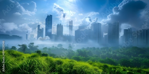 Contrasting city skyline with billowing smoke stacks and clean green environment. Concept Cityscape  Industry vs Environment  Clean vs Polluted  Urban Contrast  Green and Gray