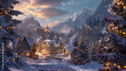 Santa s village hidden behind the mountains surrounded by Christmas trees and snow. Digital matte painting. hyper realistic 