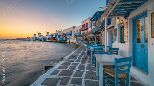 colorful  historic buildings along Mykonos s harbor in Greece at sunrise