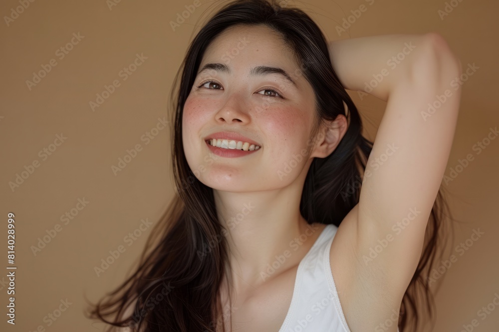 A woman with long hair is smiling and posing for a picture A woman with long hair is smiling and posing for a picture