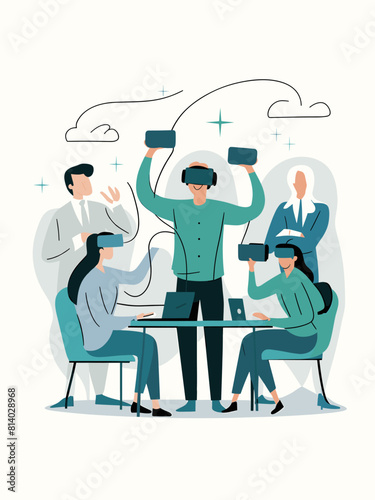 Team of Teams Using Virtual Reality (Vr) for Training or Product Development, Vector Illustration