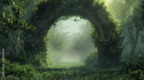 Spectacular archway covered with vine in the middle of fantasy fairy tale forest landscape, misty on spring time. Digital art 3D illustration. hyper realistic 