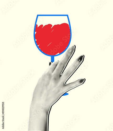 Woman hand with a halftone effect holds a glass of wine in a doodle style. Vector illustration in retro collage style.