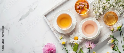 pastel herbal teas and flowers arranged on a pale wooden tea tray, calming tea time