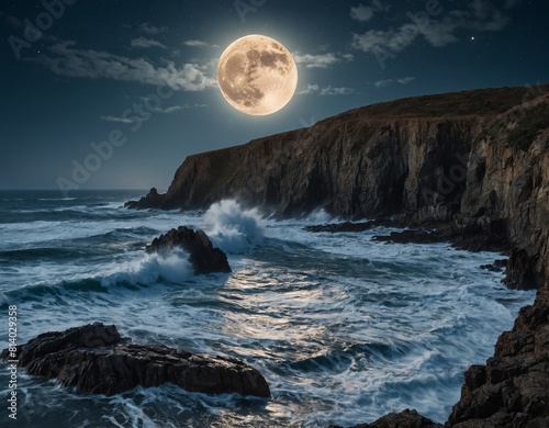 Indulge in the beauty of coastal landscapes with our image of rocky cliffs and crashing waves illuminated by the light of the full moon