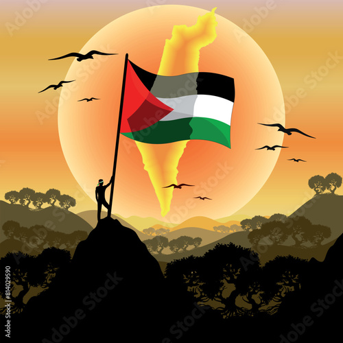 Palestine Freedom fighter standing with Palestinian Flag on Hills with olive trees on beautiful sunrise  © BluedarkArt