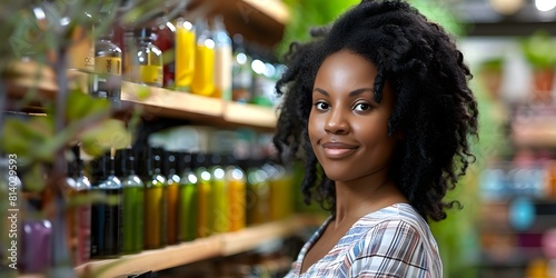 African American woman exploring ecofriendly cosmetics in a sustainable store. Concept Eco-Friendly Cosmetics, African American Woman, Sustainable Store, Beauty Exploration, Product Discovery photo