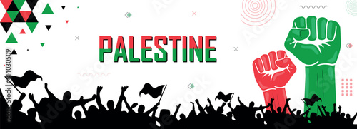 People cheer for Palestine, patriot nation, flag color combination banner, geometric abstract background, raised fist, human hand, national celebration, strike, parade, riot, protest or rally