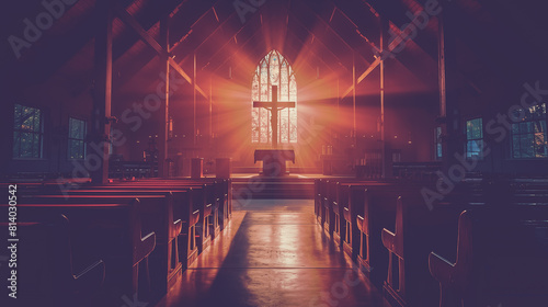 Vivid sunset light streaming through a stained glass window, casting a serene glow over a peaceful church interior.
