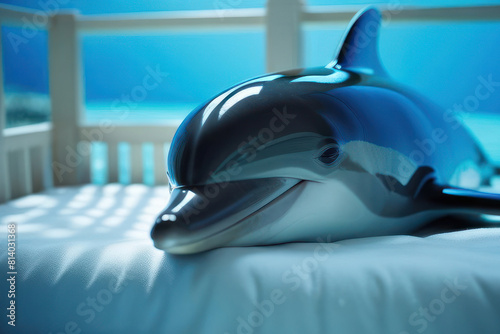 toy dolphin resting on a bed, giving the impression of being out of water yet comfortably placed in a cozy indoor setting
