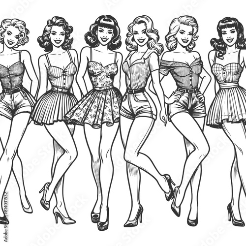 pin-up girls lined up, each dressed in distinct, stylish outfits and heels, capturing classic charm sketch engraving generative ai fictional character vector illustration. Black and white image.