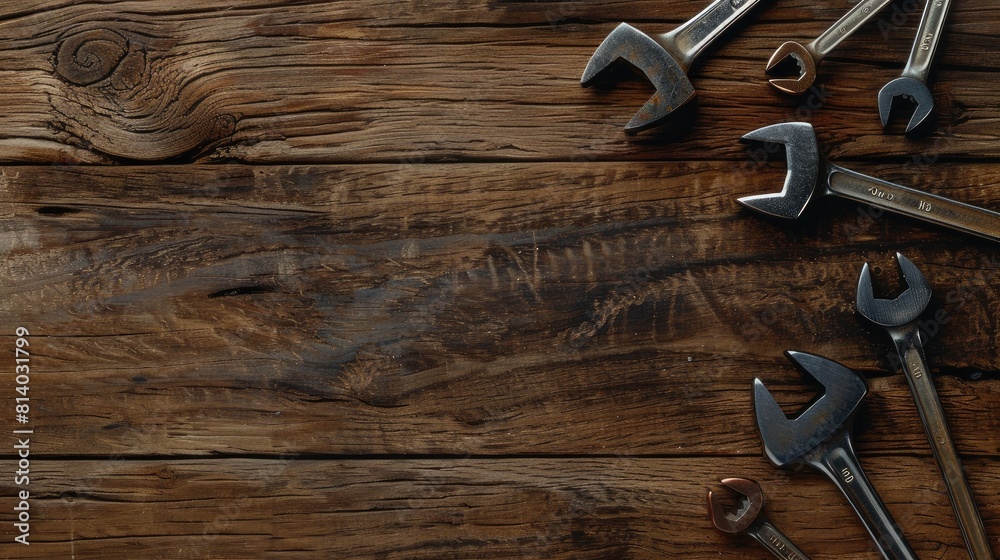 Symphony of Wrenches: Rustic Tools Resting on Wood Symphony of Wrenches: Rustic Tools Resting on Wood