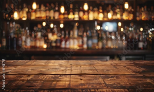 Wooden table in blurry bar. Blurred pub or restaurant. Empty wood counter in cafe. Vintage interior, copy space for business product or mockup