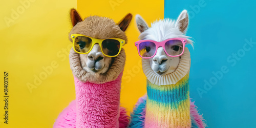 Fototapeta Naklejka Na Ścianę i Meble -  Two alpacas in crazy party outfits with party hats
on colorful background, advertising, creative party animal concept, copy space, birthday party invitation card