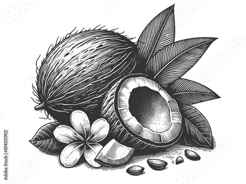 Coconut whole and sliced, a tropical fruit staple sketch engraving generative ai vector illustration. Scratch board imitation. Black and white image.
