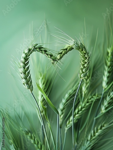 Green wheat stalks forming a heart shape on a soft background photo