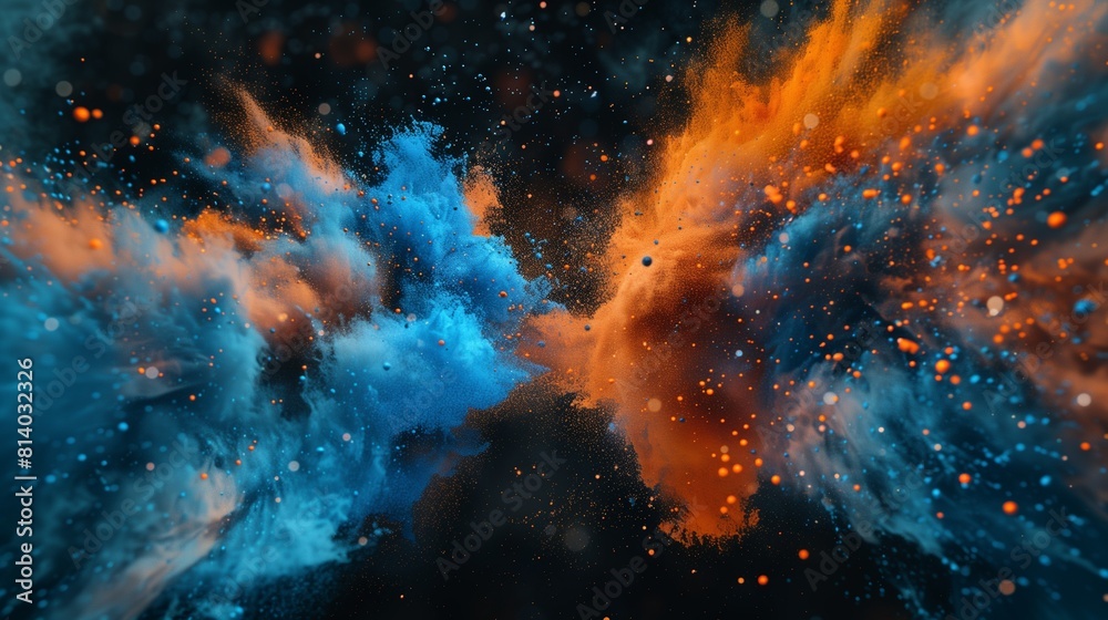 A mesmerizing and dynamic composition of abstract blue and orange color powder splattered on a sleek black background
