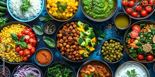 A diverse vegan potluck dinner with friends featuring cultural dishes and copy space. Concept Vegan Recipes, Potluck Dinner, Cultural Dishes, Copy Space