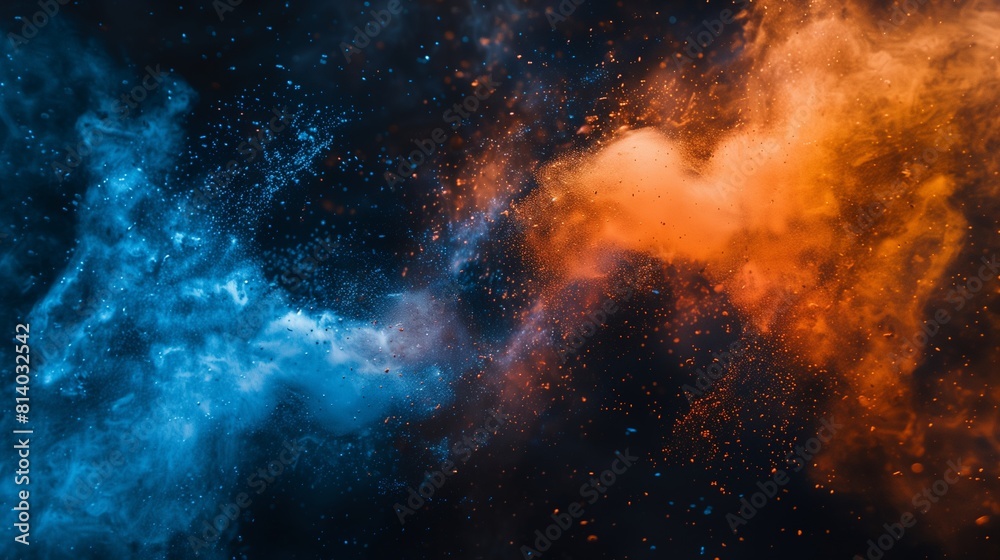 Fototapeta premium A mesmerizing and dynamic composition of abstract blue and orange color powder splattered on a sleek black background