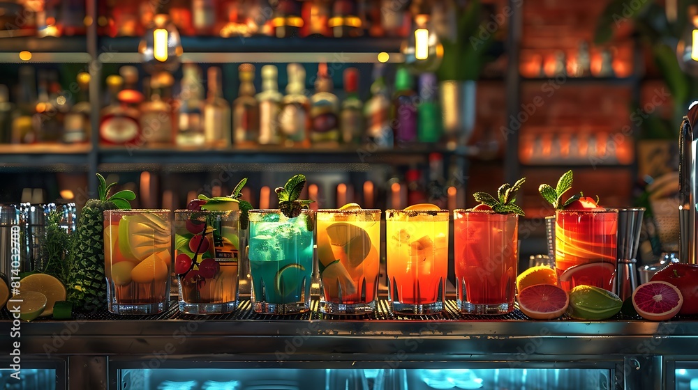 A row of colorful cocktail ingredients displayed on a bar cart, ready for mixing