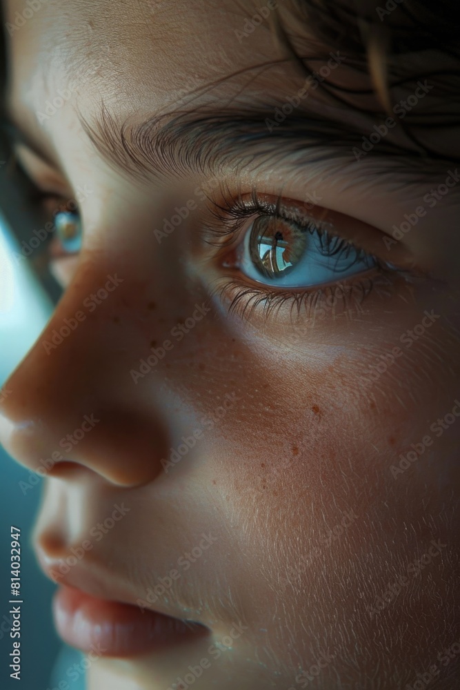 Fototapeta premium Close up of a child's face with striking blue eyes. Perfect for children's books or advertising campaigns