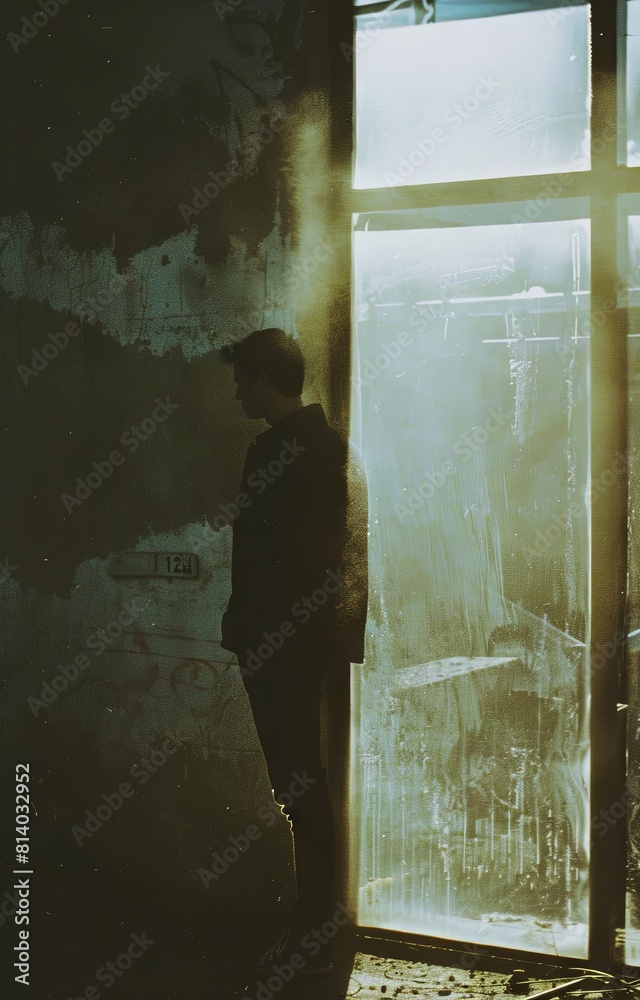 Fototapeta premium Silhouetted young adult in moody urban setting at sunset