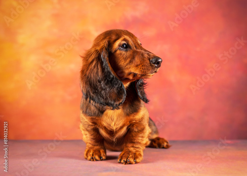 Portrait of a long-haired red dachshund puppy sitting on a table on a red background and looking to the side