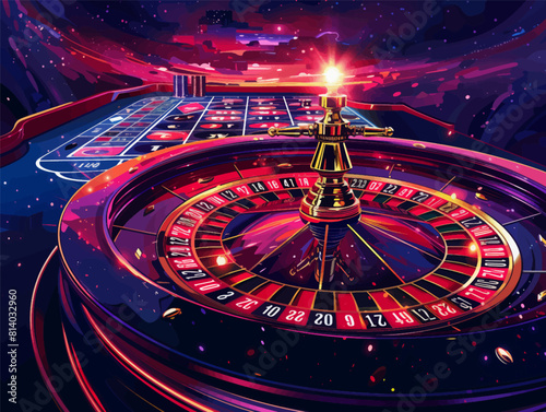 roulette wheel surrounded by colorful chips under a starry night sky, evoking a lively casino atmosphere generative ai vector illustration.