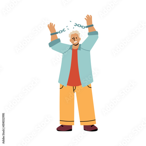 Man breaks the hands chain flat vector, cartoon hands in fists breaking the chain of shackle cuffs, Human rights fight