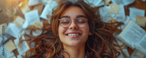 Laughing girl surrounded by scattered papers photo