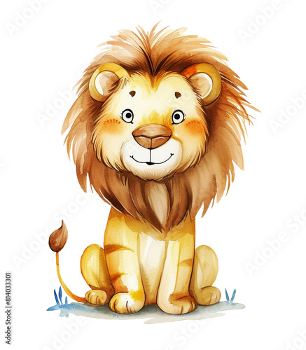 Cute lion  watercolor cartoon baby isolated illustration. Funny safari animal for nursery poster or card