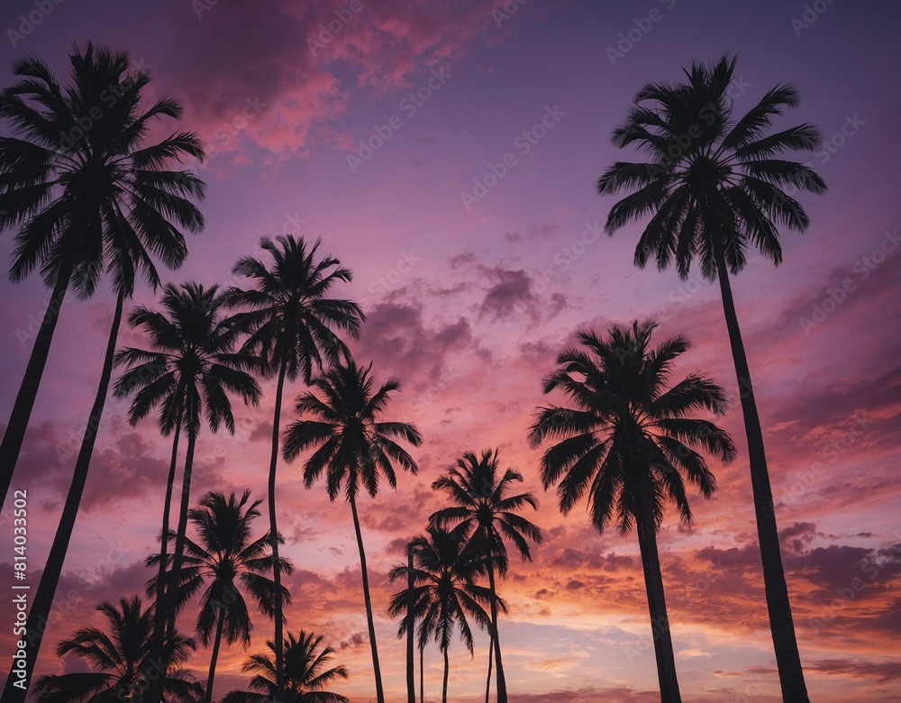 Indulge in the beauty of a tropical sunset with our image of palm trees silhouetted against a sky painted in shades of pink and purple