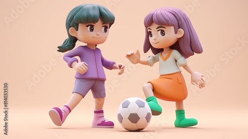 Two girls playing soccer. One is wearing a purple shirt and the other is wearing a pink shirt. Asian children defending in football flat design side view blocking a shot 3D render photo